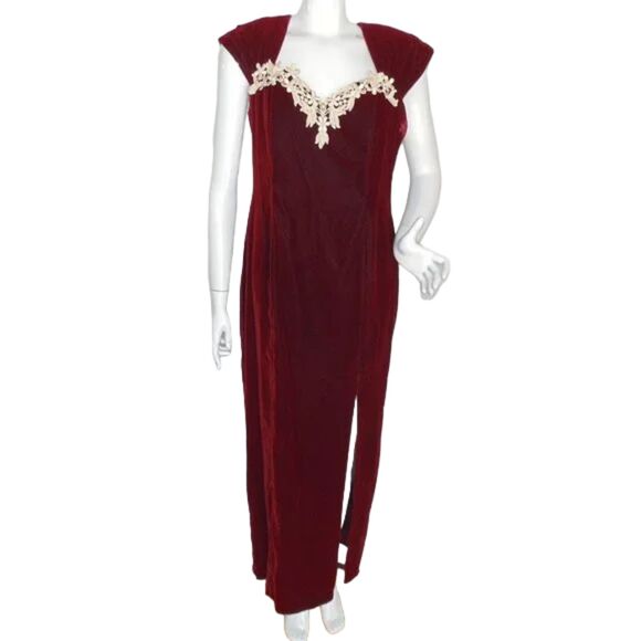 DOLLAR Burgundy Velvet Dress, M, VINTAGE, Maxi, Satin bow, Lace Sweetheart neck - Picture 1 of 13